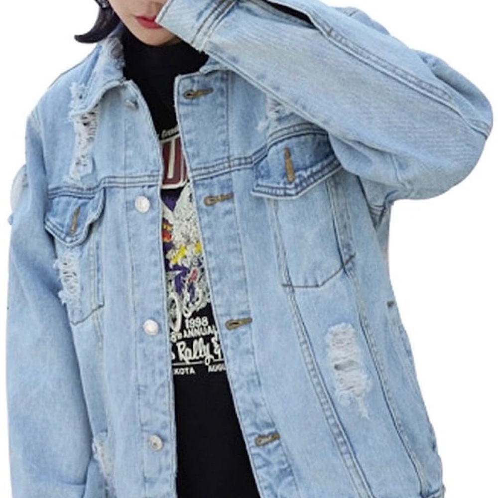 JUDYBRIDAL Oversize Distressed Denim Jacket Sz L NEW MFRP $45